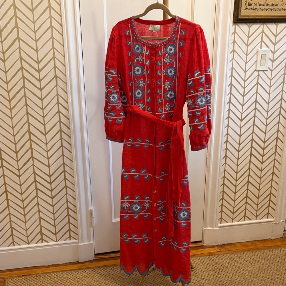 Bohemian Red Embroidered Maxi Dress with Waist Tie